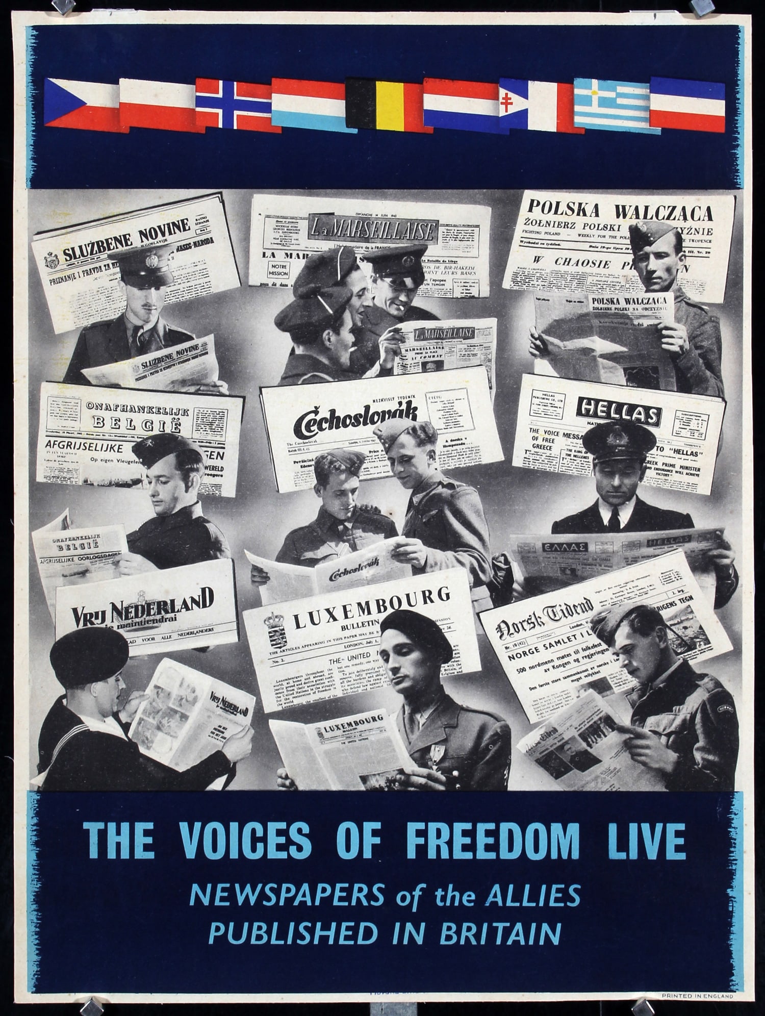 Original 1940s World War II Voices of Freedom Poster: Anonymous The Voices of Freedom live Offset ca. 1944 20 x 14.9 in. (51 x 38 cm) Printer: no information Condition Details: (A-) on linen (old), minor foxing/staining at the edges #UK #World War II #Li