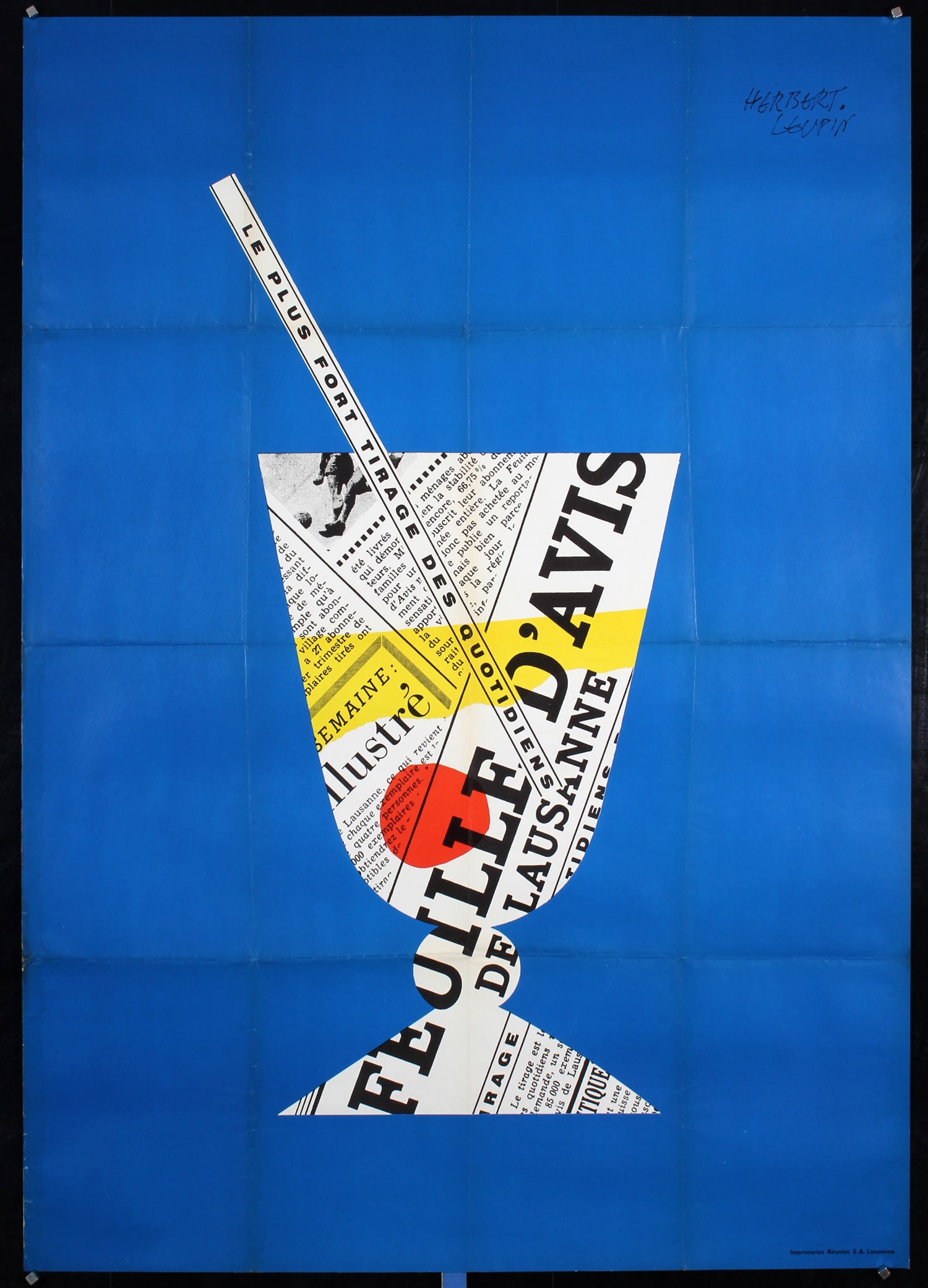 Original 1960s Swiss Design News Poster Herbert Leupin: Leupin, Herbert 1916 - 1999 Feuille d'Avis de Lausanne Offset 1964 50.3 x 35.4 in. (128 x 90 cm) Printer: Imprimeries Reunies, Lausanne Condition Details: (B+) was folded, small tears and minor creasi