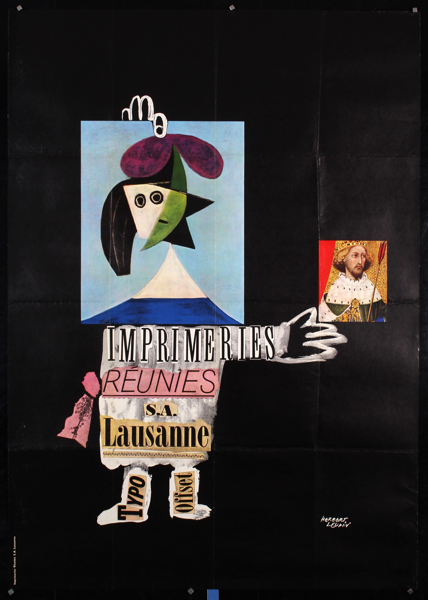 Original 1950s Swiss Design Poster Herbert Leupin: Leupin, Herbert 1916 - 1999 Imprimeries Reunies Lausanne Offset 1959 50.3 x 35.4 in. (128 x 90 cm) Printer: Imprimeries Réunies, Lausanne Condition Details: (B+) was folded, small tears and minor