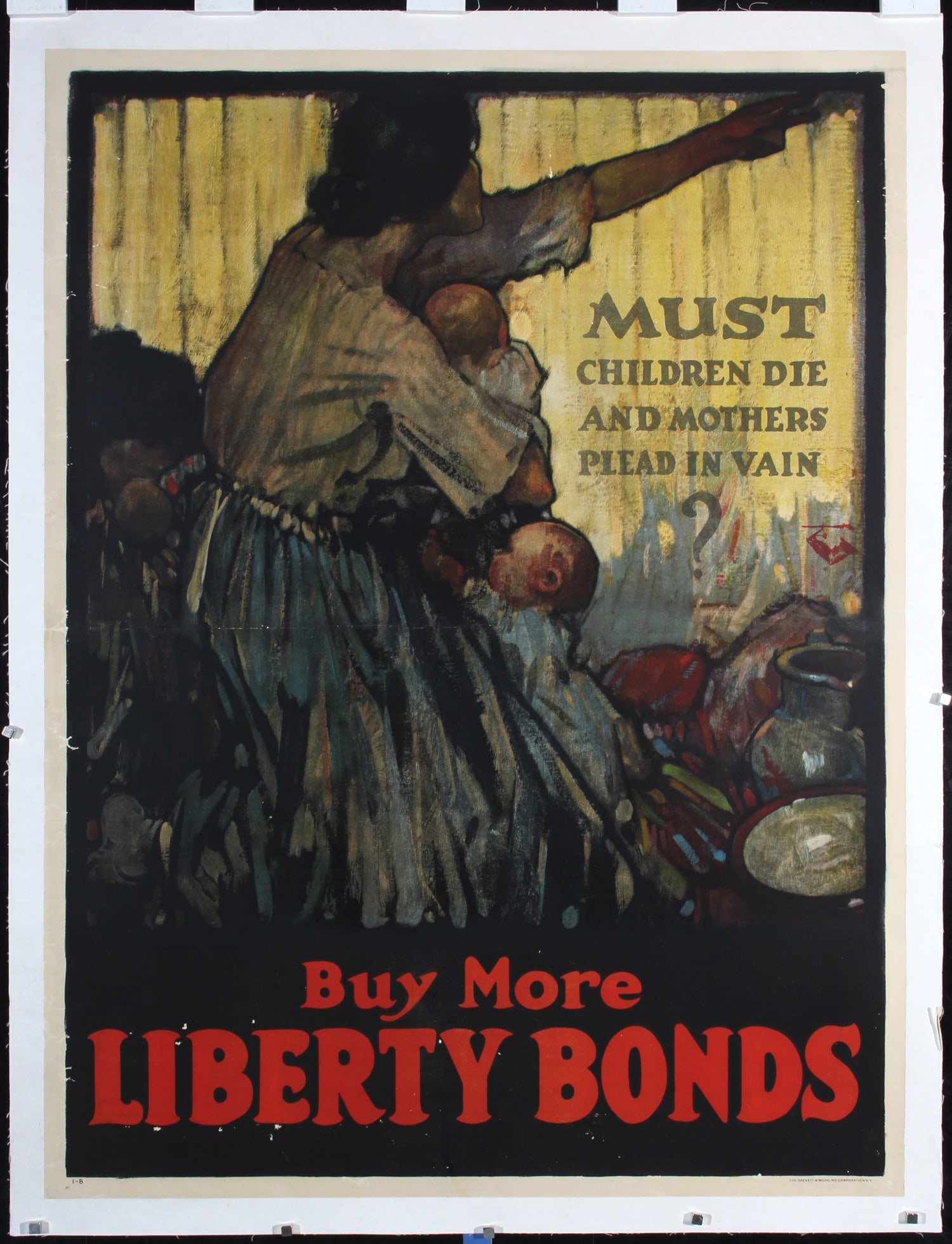 Original American World War I Poster Must Children Die: Raleigh, Henry P. 1880 - Must Children Die? Letterpress Print 1918 40.1 x 29.9 in. (102 x 76 cm) Printer: Sackett & Wilhelms, New York Condition Details: (B) was folded horiz., on linen, tears and tin