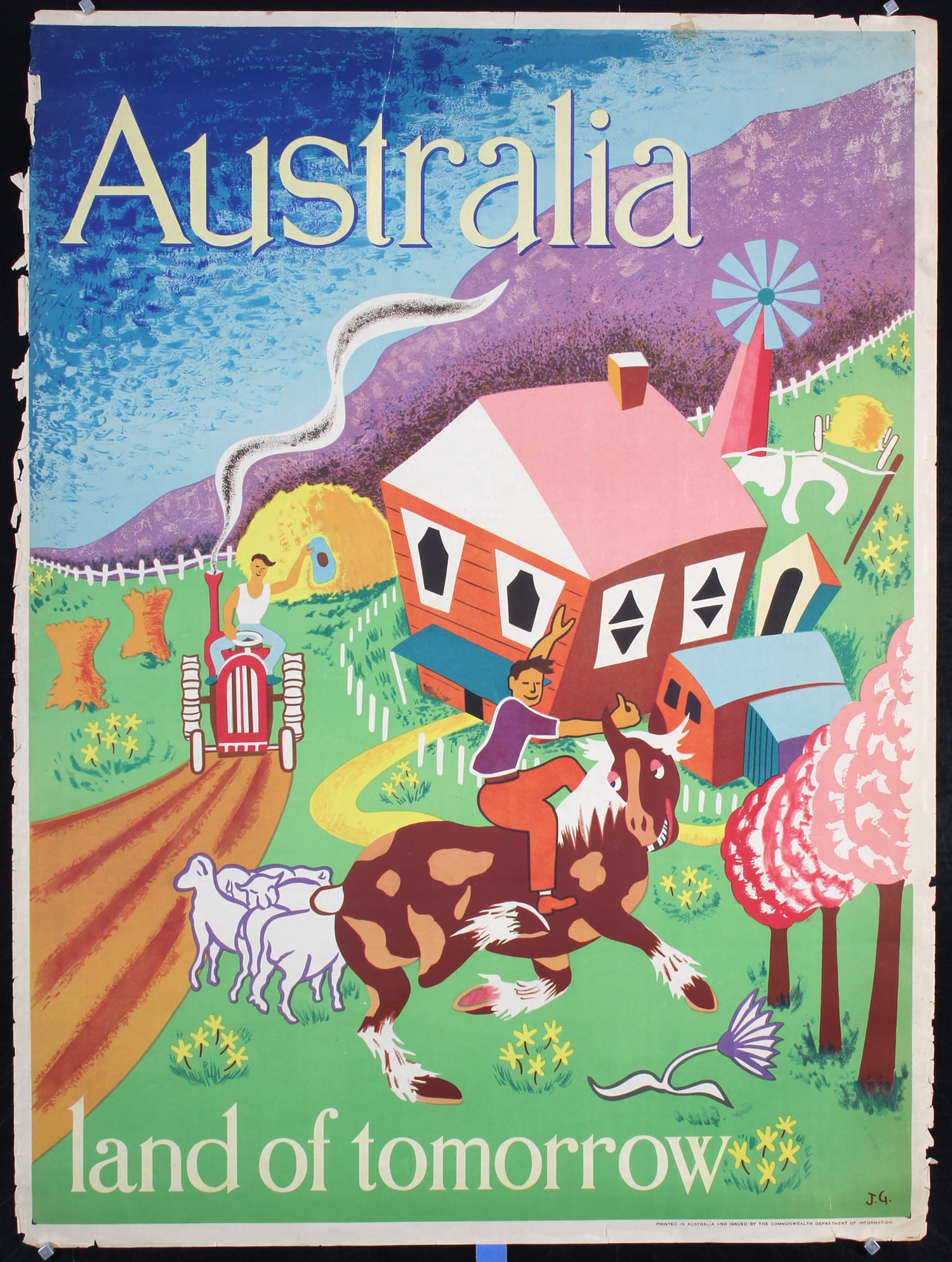 Original Vintage 1960s Australia Travel Poster: Monogr. J.G. Australia - Land of Tomorrow Offset ca. 1965 40.1 x 29.9 in. (102 x 76 cm) Printer: no information Condition Details: (B) small tears losses at the edges, esp. at the upper left edge, 7 i