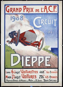 RARE Original Vintage 1900s Dieppe Auto Racing Poster