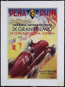 Rare Original 1940s Pena Rhin Grand Prix Poster Spain