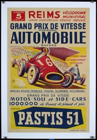 Original Vintage 1950s French Auto Racing Poster Reims