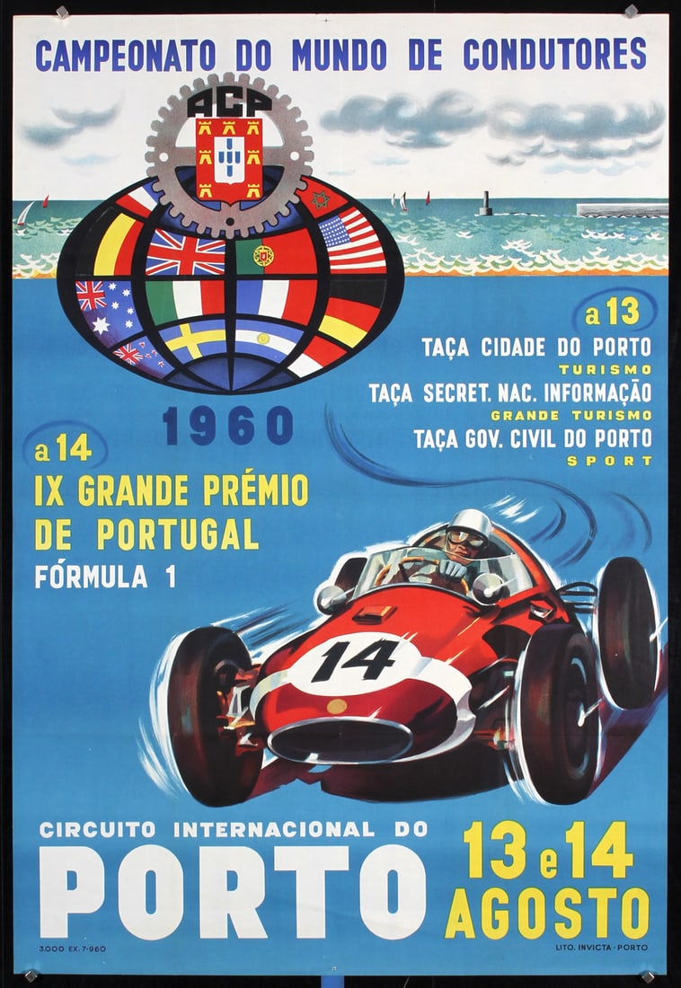 Original Vintage 1960s Portugal Formula 1 Racing Poster: Anonymous Grand Premio de Portugal - Porto (Formula 1) Offset 1960 39.3 x 27.1 in. (100 x 69 cm) Printer: Invicta, Porto Condition Details: (A-) was folded #USA #Motor Sports #Autos #Art Deco