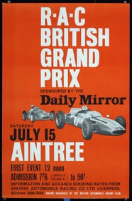 Original 1960s British Grand Prix Racing Poster Aintree