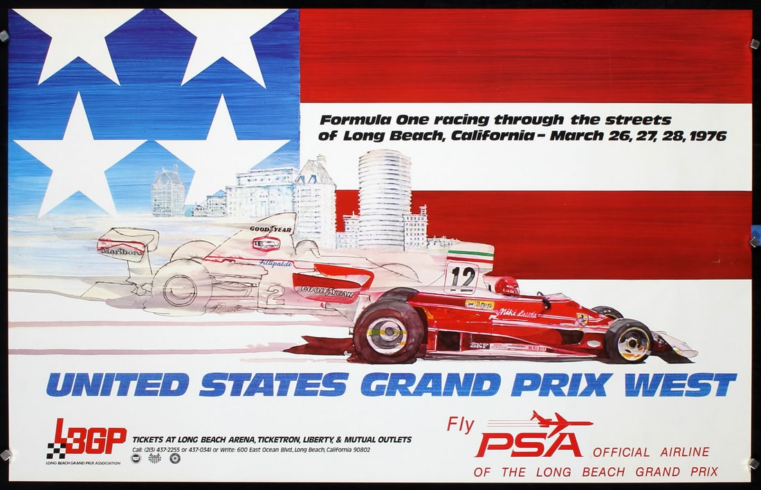 Group of 8 Long Beach Grand Prix Posters 1970s/80s: Anonymous United States Grand Prix West - Long Beach (8 Posters) Offset 1976 - 1983 21.6 x 34.2 in. (55 x 87 cm) Printer: no information Condition Details: (A-) minor buckling from moisture on the rig