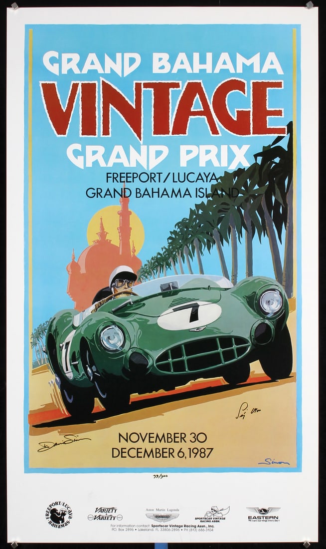 Original 1980s Bahama Grand Prix Poster SIGNED: Simon, Dennis Grand Bahama Vintage Grand Prix (Signed by 2) Offset 1987 38.5 x 22.4 in. (98 x 57 cm) Printer: no information Condition Details: (A) hand-signed in pen by the artist and -Stirling Moss-