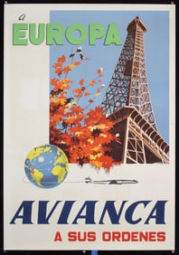 Original c. 1950s Avianca Airline Travel Poster Paris