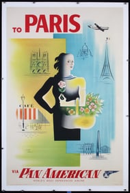 Original 1950s Pan Am Airline Paris Travel Poster CARLU