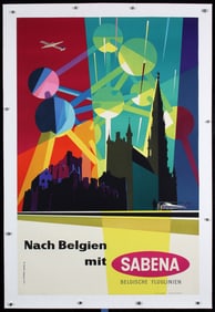 Original Vintage 1950s Sabena Airline Travel Poster