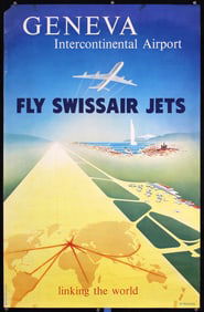 Original 1950s Swissair Travel Poster Geneva Airport