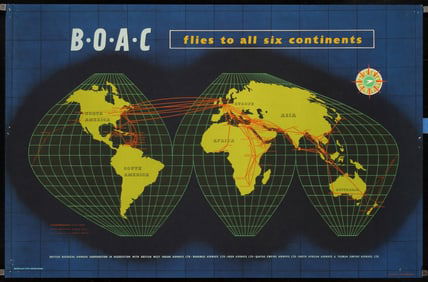 Original Vintage 1950s BOAC Airline Travel Map Poster