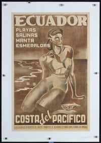 Original Vintage ca. 1950s Ecuador Beach Travel Poster