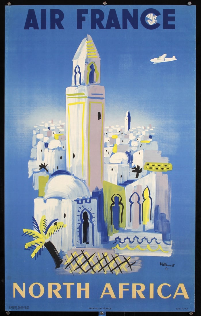Original 1940s Air France Africa Travel Poster VILLEMOT: Villemot, Bernhard 1911 - 1989 Air France - North Africa Lithograph 1946 39.3 x 24.4 in. (100 x 62 cm) Printer: Hubert Baille, Paris Condition Details: (A-) small tears and minor creasing at the edges