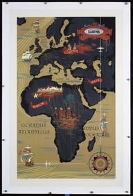 Original c. 1950s Sabena Airline Travel Map Poster