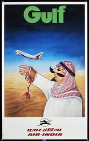 Original Vintage c. 1980s Air India Travel Poster Gulf