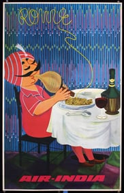 Original 1980s Air India Poster Rome Maharaja Pasta Eat
