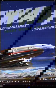 Rare Original Vintage c. 1950s TWA Air Travel Poster