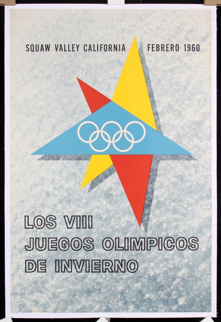 Original 1960 Squaw Valley Olympics Travel Poster: Anonymous - USA Los VIII Juegos Olimpicos de Invierno - Squaw Valley Offset 1960 37 x 24.4 in. (94 x 62 cm) Printer: no information Condition Details: (B+) backed on linen, small tears, minor creases 