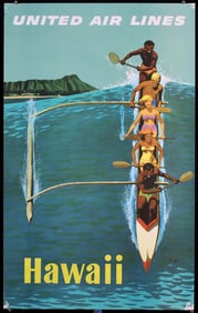 Original 1960 United Air Hawaii Travel Poster Outrigger