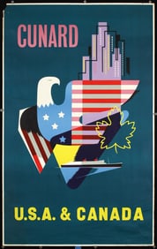 Original c. 1950s Cunard Ship Travel Poster USA Canada