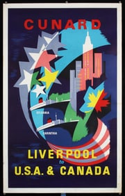 Original c. 1950s Cunard USA Canada Ship Travel Poster