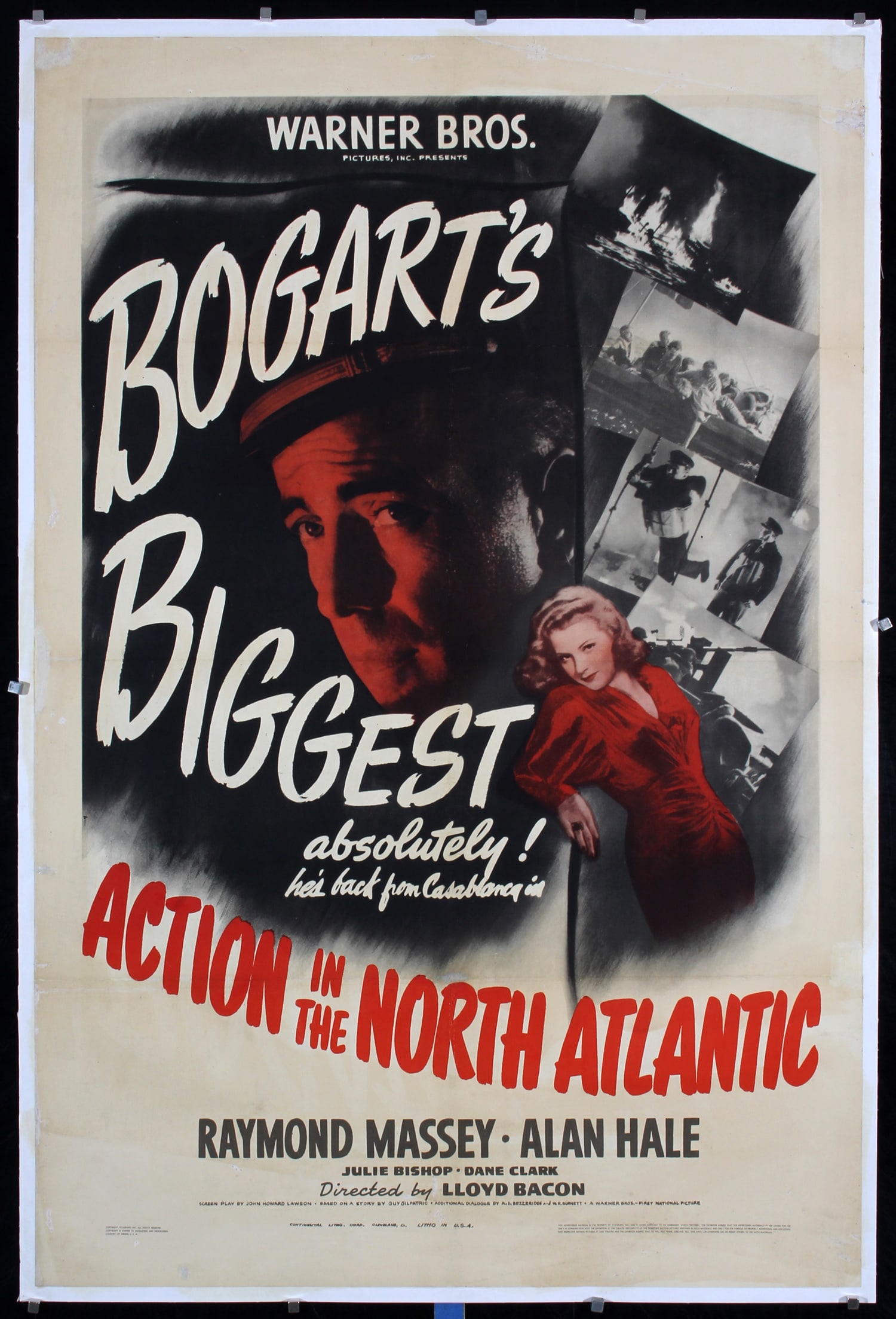 Original 1943 US 1-Sheet Poster Action in North Atlanti: Action in the North Atlantic 1943 40.9 x 27.1 in. (104 x 69 cm) Condition Details: was folded, linen backed, small repaired tears at the edges and folds, touch-ups in the margins (B+/B) 2 Session Auct
