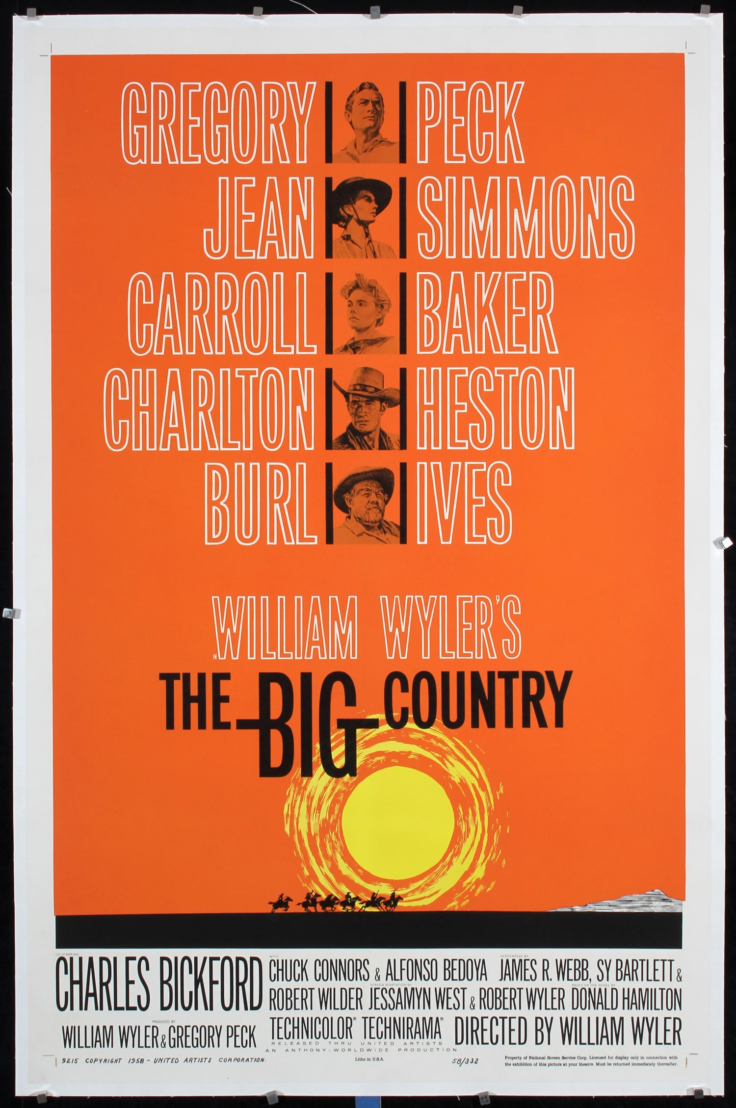 Original 1958 US 1-Sheet Poster Big Country SAUL BASS: The Big Country 1958 41.3 x 26.7 in. (105 x 68 cm) Condition Details: was folded, linen backed, professional airbrushing (A-/B+) 2 Session Auction: DAY 1: Live Auction (lots 1-136) on May 17 at 10 AM