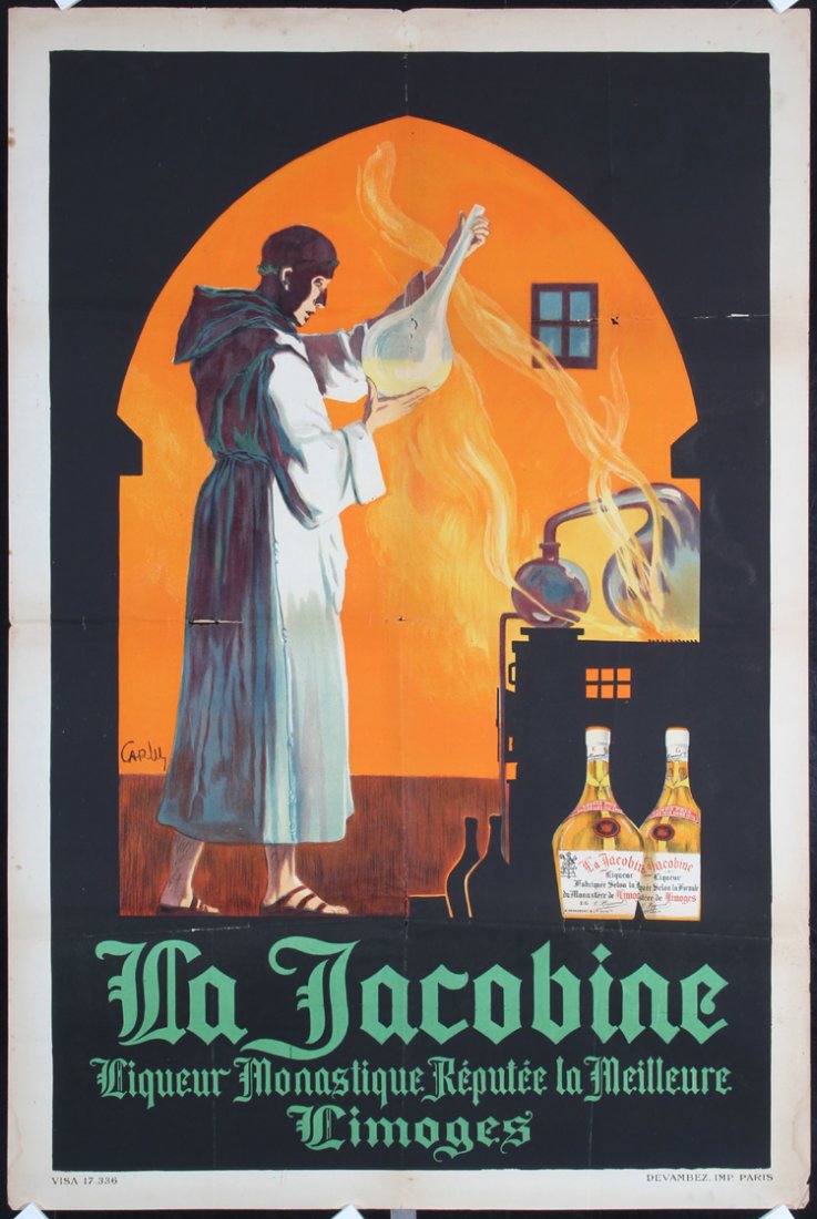 Original 1920s French Jacobine Liquor Poster CARLU Art: Carlu, Jacques 1890 - 1976. La Jacobine. Lithograph ca. 1920. Size: 47.2 x 31.4 in. (120 x 80 cm). Printer: Devambez, Paris. Condition Details: (B) was folded, tears and tiny losses at the edges and a