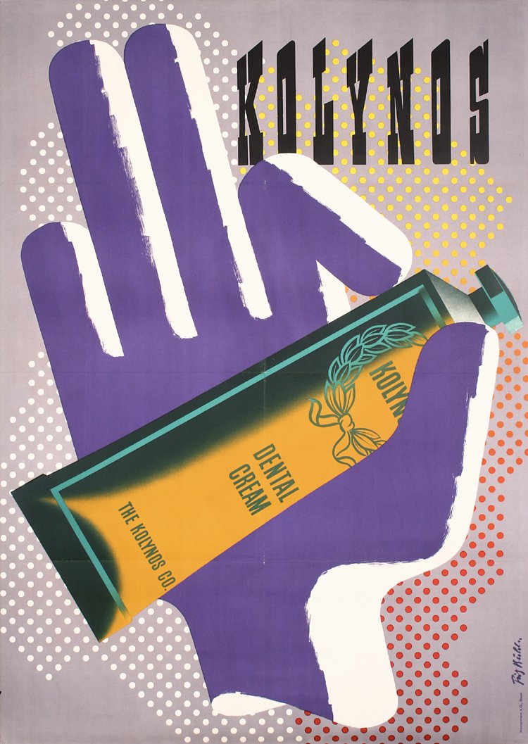 Old Original 1940s Swiss Design KOLYNOS Dental Poster: Bühler, Fritz 1909 - 1963. Kolynos. Lithograph 1947. Size: 50.3 x 35.4 in. (128 x 90 cm). Printer: Wassermann, Basel. Condition Details: (B+/A-) was folded, minimal tears and needle holes at the edge