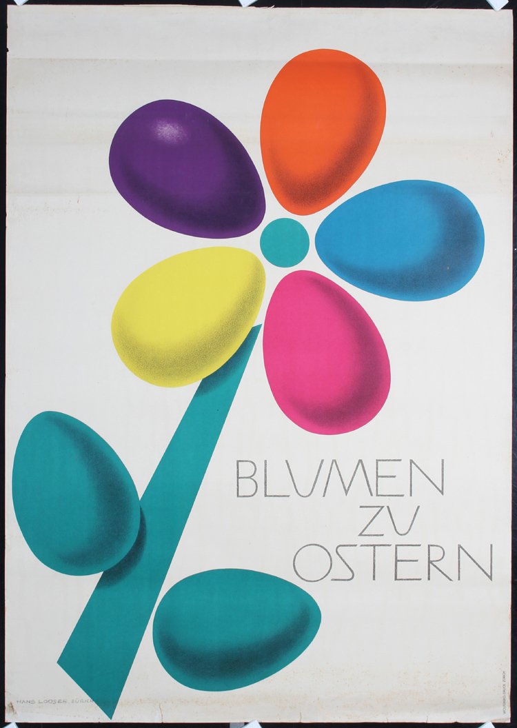 Old 1950s Swiss Design Easter Flowers Poster LOOSER ART: Looser, Hans 1919 - 1988. Blumen zu Ostern. Offset ca. 1955. Size: 50.3 x 35.4 in. (128 x 90 cm). Printer: Wolfberg-Druck, Zürich. Condition Details: (B) small tears and one tiny loss at the edge, fo