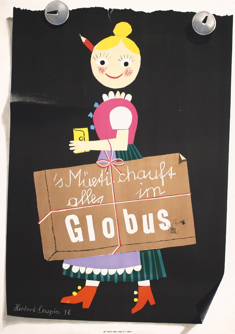 Original 1940s LEUPIN Swiss Design Globus Poster Plakat: Leupin, Herbert 1916 - 1999. Globus. Lithograph ca. 1948. Size: 50.3 x 35.4 in. (128 x 90 cm). Printer: Orell Füssli, Zürich. Condition Details: (A) small tears at the edges.