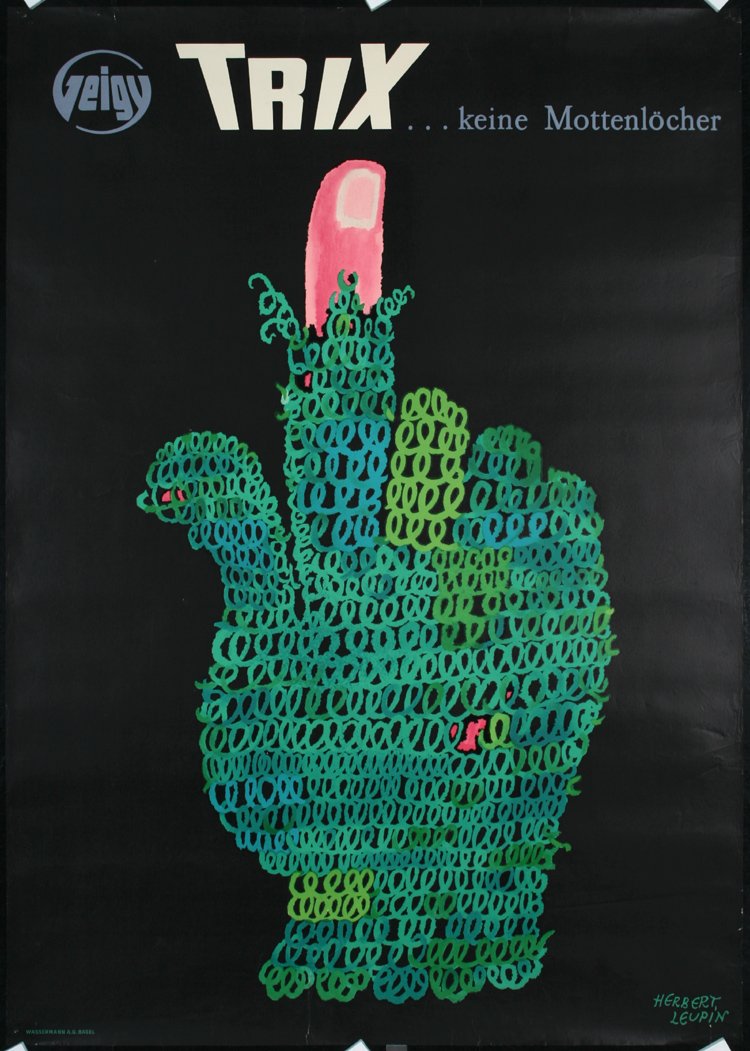 Original 1950s HERBERT LEUPIN Swiss Design Poster TRIX: Leupin, Herbert 1916 - 1999. Trix. Offset 1952. Size: 50.3 x 35.4 in. (128 x 90 cm). Printer: Wassermann AG, Basel. Condition Details: (A-/B+) small tears and minor creasing at the edges, needle holes