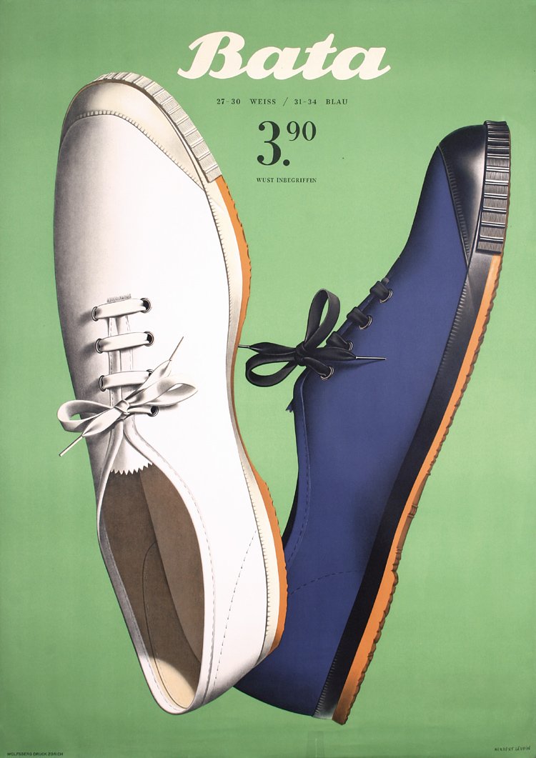 ORIGINAL 1940s Herbert Leupin Design Bata Shoe Poster: Leupin, Herbert 1916 - 1999. Bata. Lithograph 1949. Size: 50.3 x 35.4 in. (128 x 90 cm). Printer: Wolfsberg, Zürich. Condition Details: (A-) small tears and stain at the bottom edge, tiny loss at the