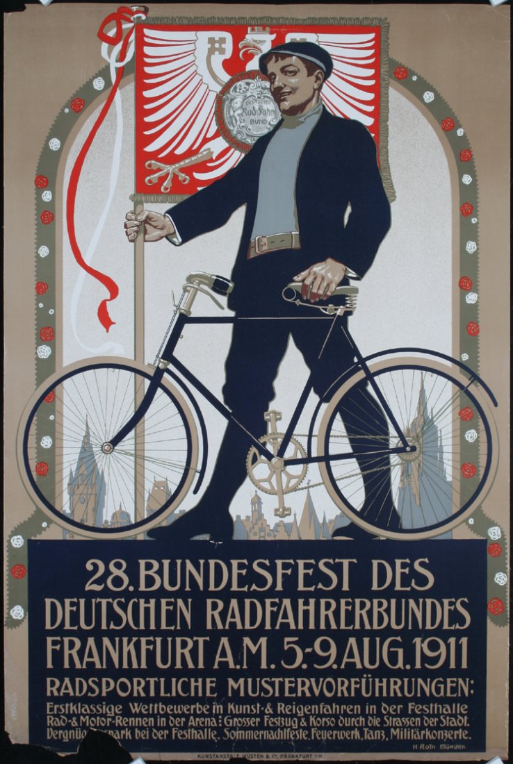 Rare Old Original 1910s German Bicycle Poster Plakat: Roth, Karl Hermann 1873 - 1955. 28. Bundesfest des Radfahrerbundes. Letterpress Print 1911. Size: 35.4 x 23.6 in. (90 x 60 cm). Printer: Wüsten, Frankfurt. Condition Details: (B-/B) paper losses at t