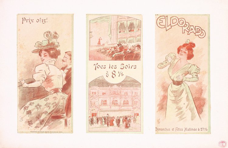 Original 1890s Art Nouveau Prints MISTI + 2 Mucha: Misti (Ferdinand Miflienz) 1865 - 1923. Eldorado (3 + 2 menu cards). Letterpress Print ca. 1898. Size: 9.8 x 4.7 in. (25 x 12 cm). Printer: no information. Condition Details: (B+) three program illust