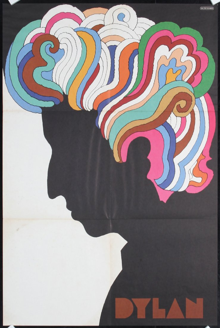 Original 1960s MILTON GLASER Bob Dylan Rock Poster: Glaser, Milton 1928 -. Dylan. Offset 1966. Size: 33 x 22 in. (84 x 56 cm). Printer: no information. Condition Details: (B+) was folded, minor staining.