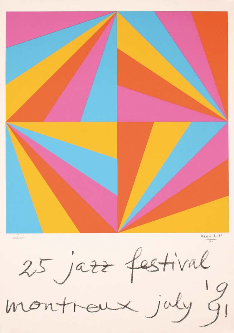 Original MontreuxJazz Festival Poster Plakat Max Bill: Bill, Max 1908 - 1994. Jazz Festival Montreux (2 Posters). Silkscreen 1991. Size: 39.3 x 27.5 in. (100 x 70 cm). Printer: Albin Uldry, Bern. Condition Details: (A) added: 1990 festival poster by Bernh