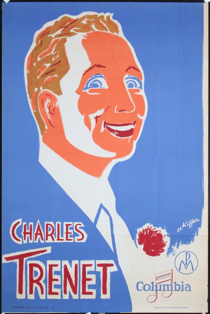 Old 1930s French Music Poster KIFFER Art Charles Trenet: Kiffer, Charles 1902 - 1992. Charles Trenet. Lithograph ca. 1935. Size: 47.2 x 31.4 in. (120 x 80 cm). Printer: Girbal, Paris. Condition Details: (B+/A-) was folded, small edge tears.