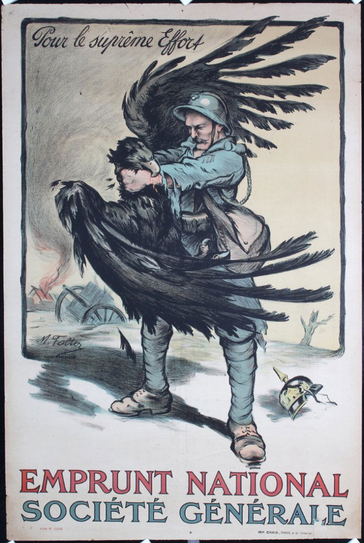 Original 1918 French World War I Bonds Poster FALTER: Falter, Marcel 1866 - 1932. Emprunt National - Pour le supreme effort. Lithograph 1918. Size: 47.2 x 31.4 in. (120 x 80 cm). Printer: Chaix, Paris. Condition Details: (B+) was folded, small tears and