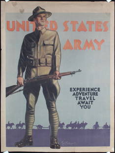 6 American Original World War II Posters Damaged: Woodburn, Tom B. 1893 - 1980. United States Army (6 Posters). Offset ca. 1940. Size: 33.4 x 23.6 in. (85 x 60 cm). Printer: . Condition Details: (C) all posters trimmed with tears, losses and surface