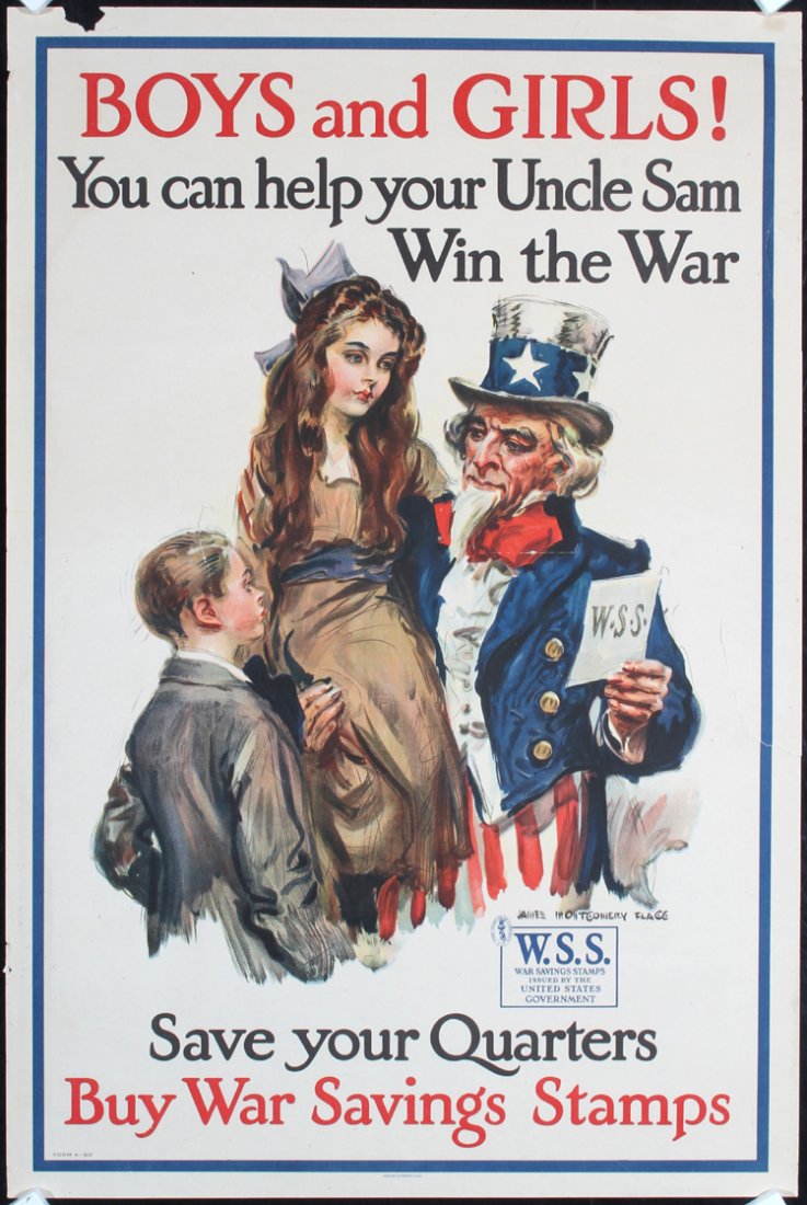 Original American World War I FLAGG Poster Boys Girls: Flagg, James Montgomery 1877 - 1960. Boys and Girls - You can help your Uncle Sam. Lithograph 1918. Size: 29.9 x 20 in. (76 x 51 cm). Printer: American Lithographic Co., New York. Condition Details: (