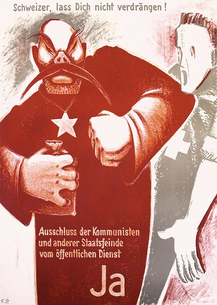 Original 1930s Swiss Referendum Propaganda Poster: Schott, Ferdinand 1887 - 1964. Schweizer, lass Dich nicht verdrängen. Offset ca. 1935. Size: 49.9 x 35.4 in. (127 x 90 cm). Printer: Wassermann A.G.. Condition Details: (A) small tears at the edges, 