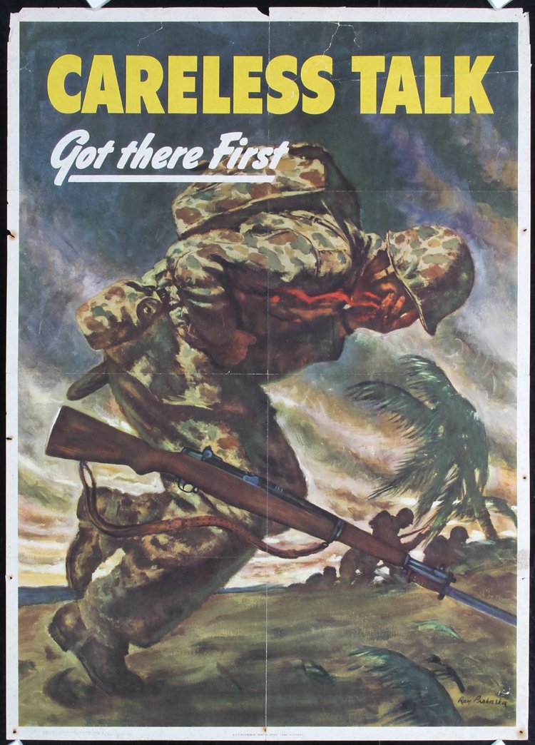 Original American World War II Poster CARELESS TALK: Prohaska, Ray J. 1901 - 1981. Careless Talk. Offset 1944. Size: 27.9 x 20 in. (71 x 51 cm). Printer: U.S. Government Printing Office. Condition Details: (B) was folded, tears and tiny losses at the ed