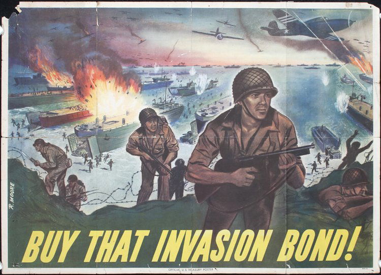 5 Original 1940s World War II: Various Artists. World War II (5 Posters). Offset 1942 - 19444. Size: 29.9 x 20 in. (76 x 51 cm). Printer: U.S. Government Printing Office. Condition Details: (kein) all was folded, incl. -Invasion Bo