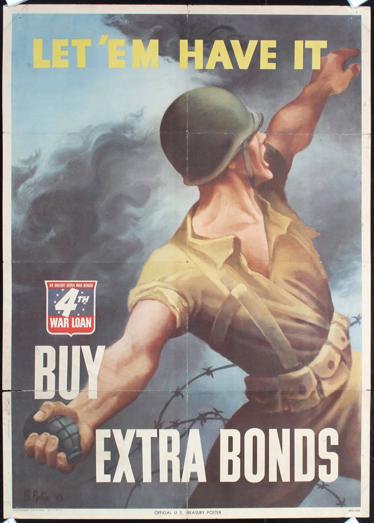 3 Original 1940s American World War II Poster Soldier: Perlin, Bernard 1918 -. Let ´em have it (3 Posters). Offset 1943. Size: 27.9 x 20 in. (71 x 51 cm). Printer: U.S. Government Printing Office. Condition Details: (B/B+) was folded, needle holes, small