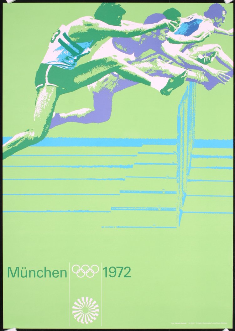 Original Munich 1972 Olympic Games Poster HURDLES: Aicher, Otl 1922 - 1991. Olympic Games München (Hurdles). Silkscreen 1972. Size: 33 x 23.2 in. (84 x 59 cm). Printer: Franzis-Druck, München. Condition Details: (A) minor creasing.