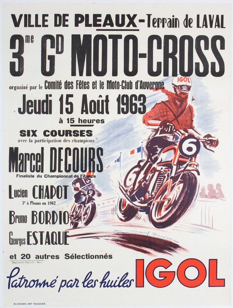 Original 1960s French Moto-Cross Racing Poster Igol: Chauveau, Marcel. Moto-Cross - Igol. Offset 1963. Size: 31.4 x 23.6 in. (80 x 60 cm). Printer: B. Sirven, Toulouse. Condition Details: (A-) on linen, small tears and minimal creasing and staining at t