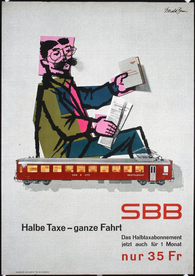 Original 1960s DONALD BRUN Swiss Rail Travel Poster: Brun, Donald 1909 - 1999. SBB - Halbe Taxe - ganze Fahrt. Offset 1960. Size: 50.3 x 35.4 in. (128 x 90 cm). Printer: Hug & Söhne, Zürich. Condition Details: (B+/A-) was folded horiz., minimal tears